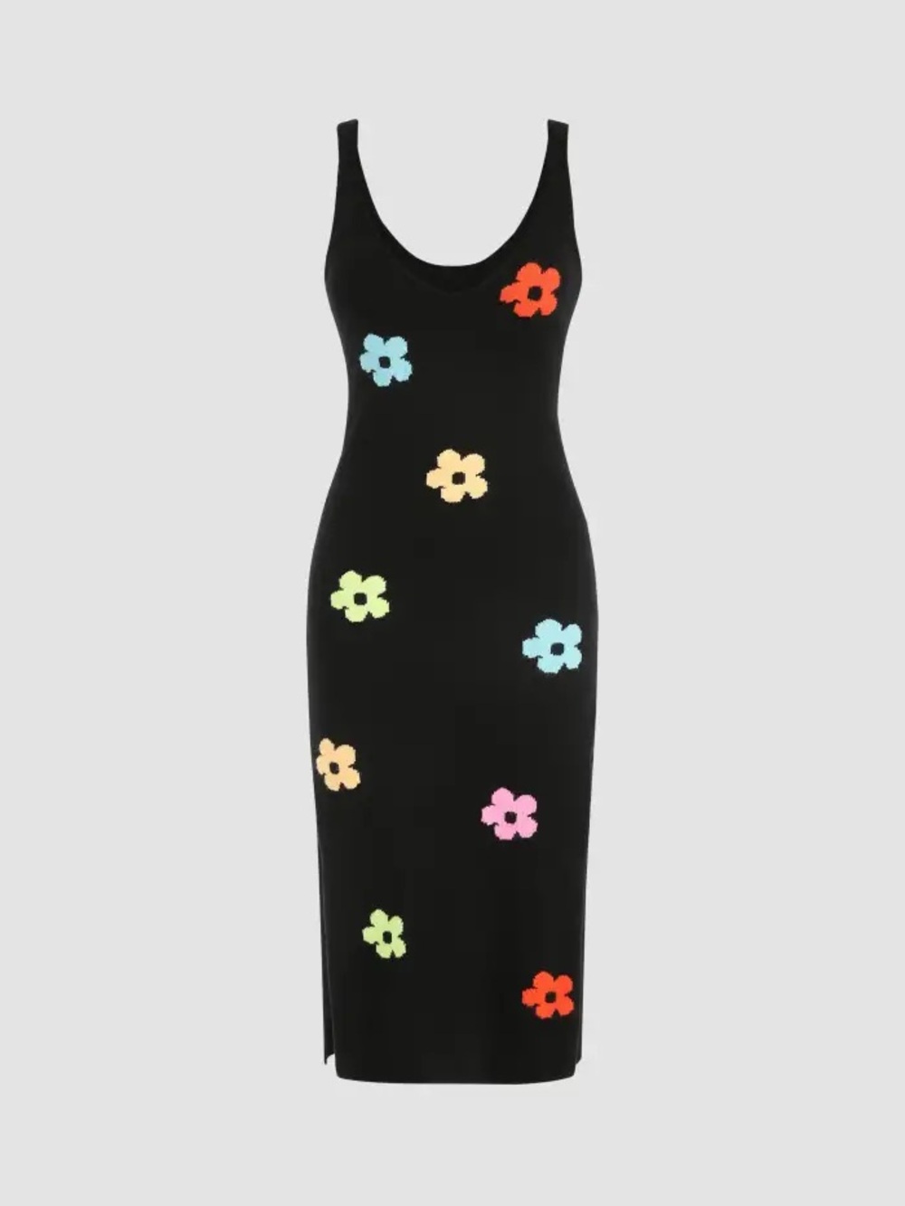 Black Floral Knit Tank Midi Dress - Multicolor Flowers